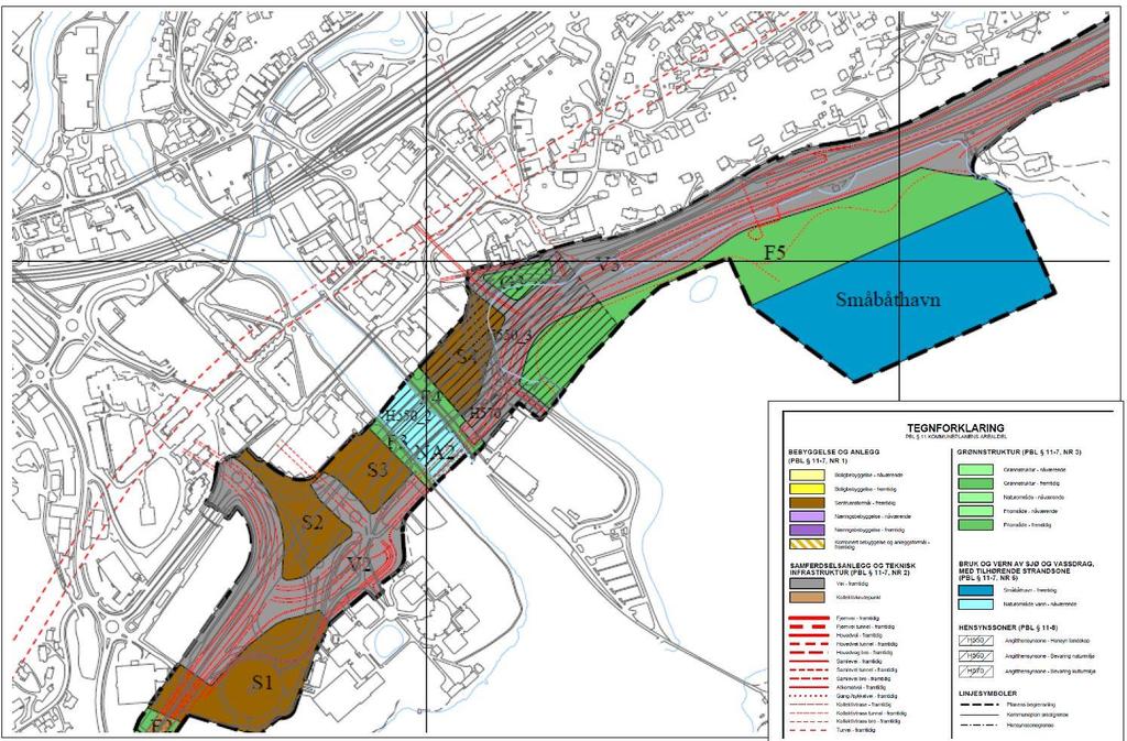 Vedtatt kommunedelplan E18 Utsnitt fra dagens kommuneplan med planavgrensning for reguleringsplan for Lakseberget utfyllingsområde inntegnet (blå