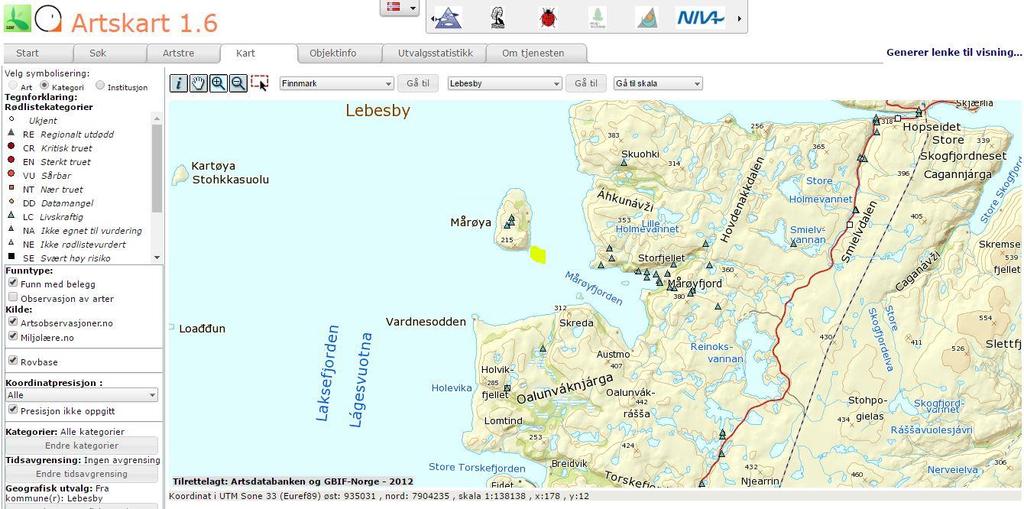 Vedlegg 6.3.6 Naturdatabase Kart over artsdata i nærhet til lokaliteten.