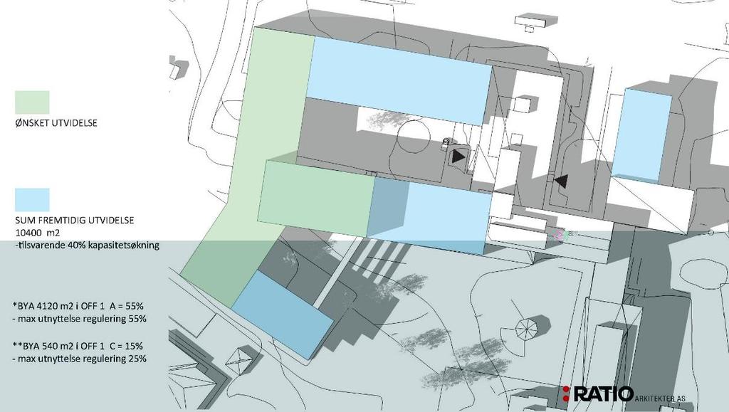 Figur 38: Situasjonsplan Mo i Rana sykehus, mulige utvidelse etter 2025 15.1.3 Mosjøen Eksisterende sykehus ligger like utenfor Mosjøen sentrum.