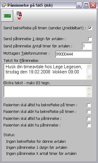 118 Kurshefte Bildet forteller oss hvilke innstillinger angående SMS påminnelse som er satt på valgt avtale.