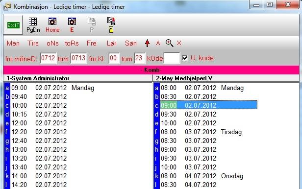 120 Kurshefte Dersom du befinner deg i en avtalebokkombinasjon, trykk Ctrl+L for å søke etter ledige timer. Alle ledige timer i avtalebokkombinasjonen vil vises. Opptatte timer vil ikke vises.