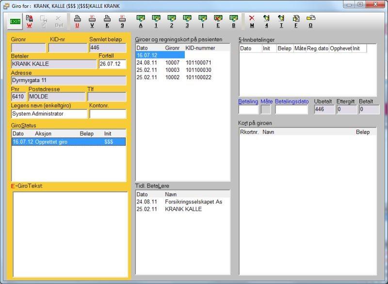 Regningskort 149 Dersom pasienten skal ha med seg giroen med en gang, trykk Ctrl+U for å skrive den ut. Giroen vil lagres automatisk ved utskrift.