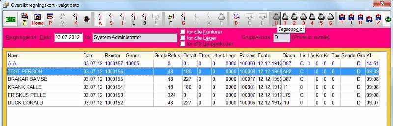 Pasientregnskap fra Startmeny 173 Trykk Ctrl+U for å utføre dagsoppgjøret. Svar Ja for å bekrefte at du vil utføre dagsoppgjør. Alle regningskortene vil låses, og kan ikke endres i ettertid.