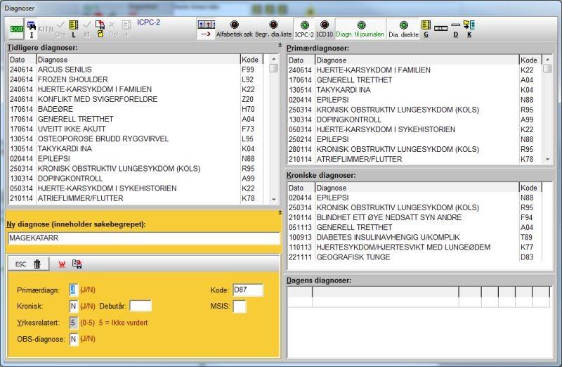 Diagnoser 29 Trykk Ctrl+W for å lagre når du er ferdig med diagnoseregistreringen. Diagnoser som er valgt og lagret, legges i liste over dagens diagnoser.