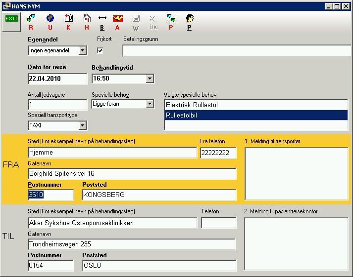 60 Kurshefte Når alle feltene er fylt ut, kan vi rekvirere transport ved å trykke Ctrl+R. Alle dataene vi har registrert, blir nå sendt til hjemmesiden for bestilling av transport.
