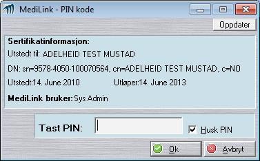 Resepter 83 Etter at man har besvart spørsmålet om samtykke må man legge inn pin-koden til PKI - kortet og deretter Enter.
