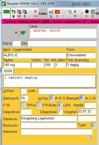 Resepter 97 Trykk Ctrl+W for å lagre medikamentet.