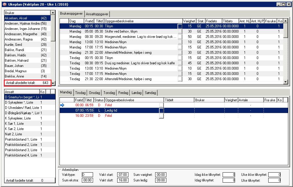 3.3.0 Generert ukeplan I den ferdig genererte ukeplan vises nå alle brukere med oppgaver som er kopiert fra tjenestebildet og inn i ukeplan.