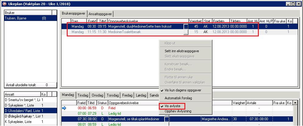 Kodeverk som må fylles ut for å få fullstendig registrering av avlyste besøk, finner du under punkt 5.9.0 Avlysningskoder og 5.9.1 Master Skillekort planlegging.