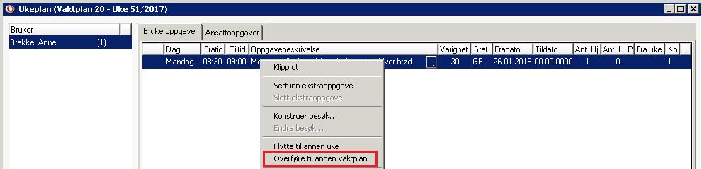 4.4 Flytte oppgave til annen vaktplan Dersom du har registrert mer enn en vaktplan i Profil, har du muligheten til å flytte enkelt besøk på enkelt dager fra en vaktplan til en annen vaktplan.