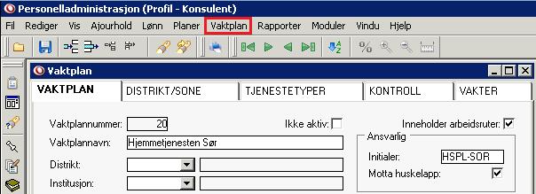 Vaktplan Vaktplan er fylt ut og er hentet fra den vaktplan du står i (Du må ha bildet vaktplan fremme på skjermen for å få valget som vist under).