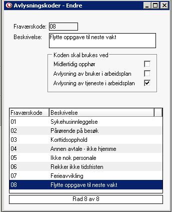 5.9 Annet kodeverk som påvirker bruk av arbeidsplaner Dersom man ønsker å kunne avlyse oppgaver i ukeplan og samtidig knytte en avlysning av oppgave til en begrunnelse, må man redigere koder i