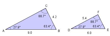 De to trekantene nedenfor er også formlike. På denne figuren sier vi at vinkel D er samsvarende med vinkel A, og siden DF er samsvarende med siden AC.