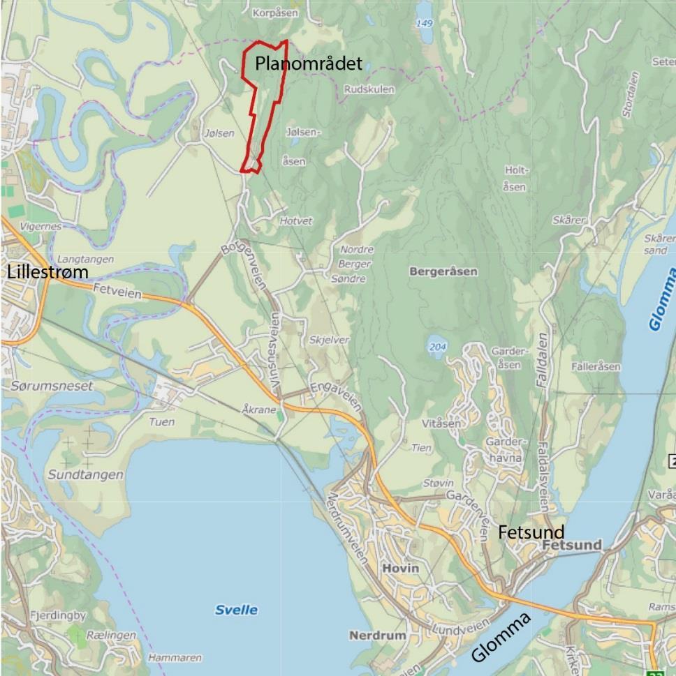2 TRAFIKKANALYSE JØLSEN MILJØPARK 2 Referansesituasjon 0-alternativet Planområdet ligger i Fet kommune mellom Jølsenåsen og Jølsen gård.