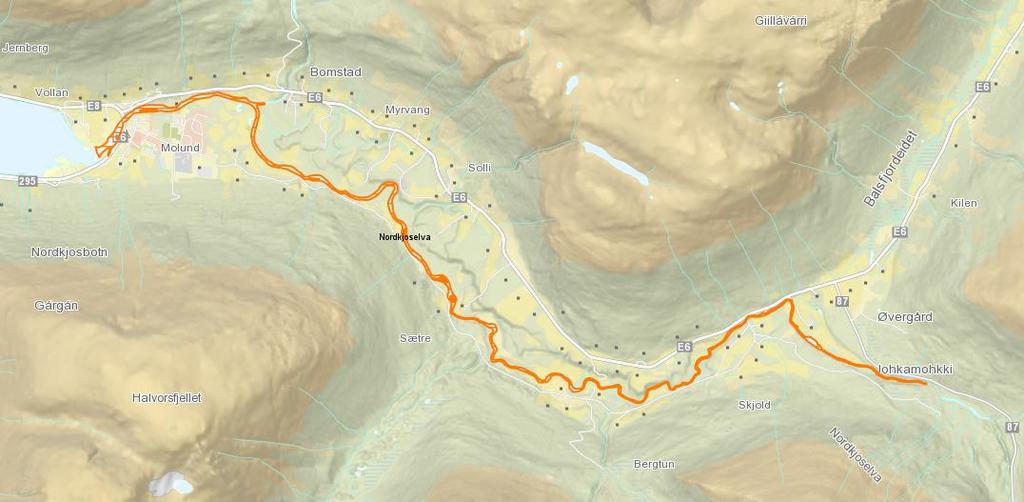 3.2 Nordkjoselva I Nordkjoselva ble hele lakseførende strekning, fra vandringshinder og ned til der elva påvirkes av tidevannet, undersøkt (figur 3). Drivtellingen ble utført av to personer.