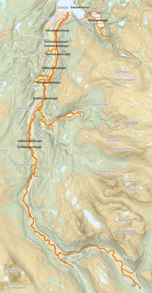 3.10 Saltdalsvassdraget Alle lakseførende strekninger fra vandringshindre i Junkerdalselva, Lønsdalselva, Eveneselva og Vassbotnelva og ned til tidevannspåvirket del av elva (nedstrøms Nestbyholmen)