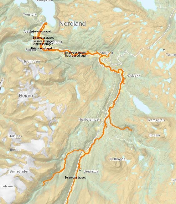 3.11 Beiarvassdraget Hele lakseførende strekning i hovedelva, fra dagens vandringshinder i Høgforsen og ned til tidevannspåvirket del av elva (Voll), ble sammen med sideelvene Tollåga og Store