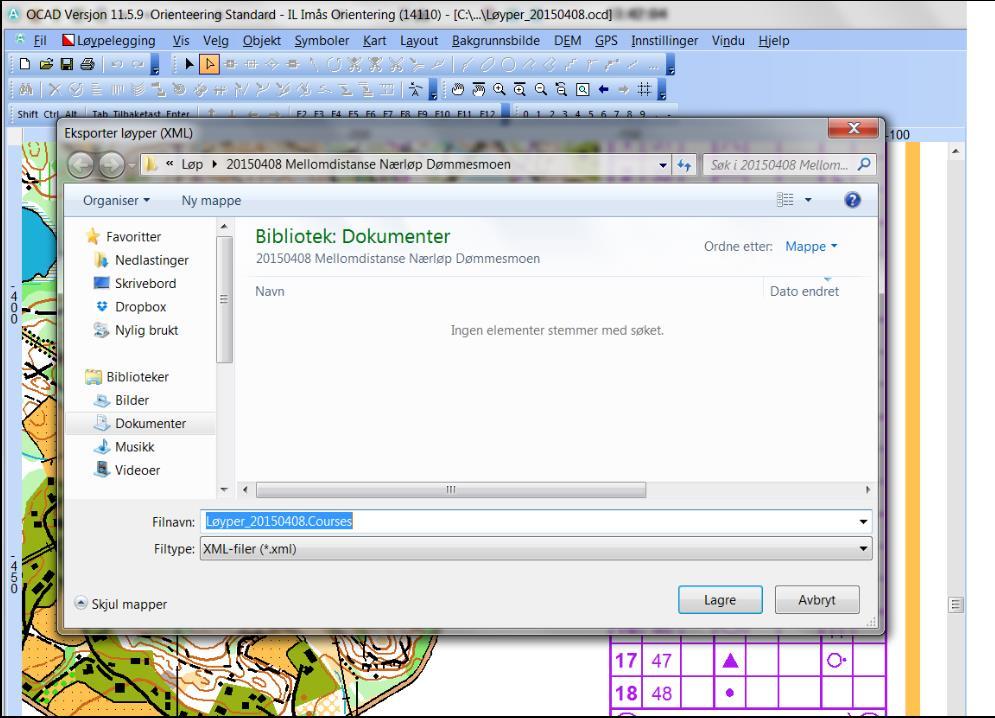 Informasjon om løypene Gå inn i OCAD (11 eller nyere): Menyvalg: Løypelegging -> Eksporter ->
