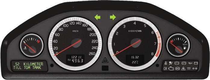 KOMBIINSTRUMENT 1 Display for kjørecomputer. Velg funksjon med (9). 2 Et kort trykk veksler mellom T1 og T2. Et langt trykk nullstiller den aktuelle telleren. 3 Displayrad 1: vstandsmåler.