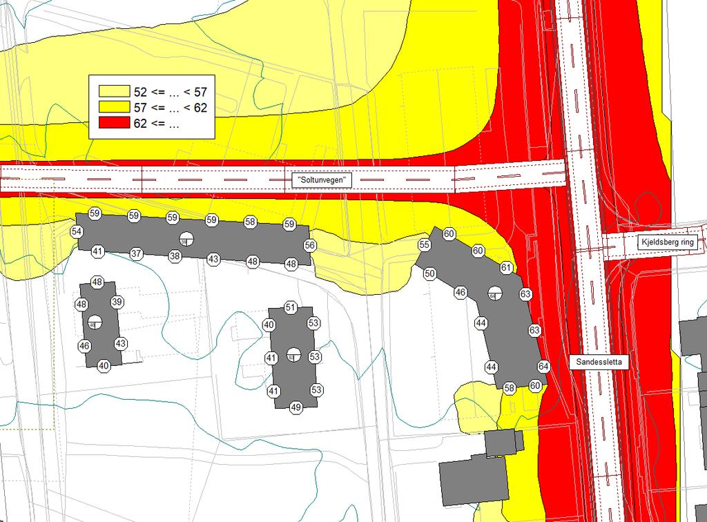 5.3 Resultater Resultatene etter overslagsberegningene er vist i figur 2. Figur 2: Beregningsresultater L den med skisse til bebyggelse. Beregningshøyde: 2,0 m over bakken.
