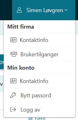 1. Prosjektoversikten - Velkomstsiden etter pålogging - Administrering av brukertilganger for ditt firma (Brukertilganger) - Adresse og kontaktinfo for ditt firma (Kontaktinfo under Mitt firma) -