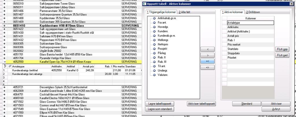 Ved utvidet pris (ved hjelp av + ved artikkelnummer) Avtaletype = Type pris Artikkelnr = nøkkel Artikkel = navn Avtalt pris = fast pris Rab 1 = Rabatt på P6
