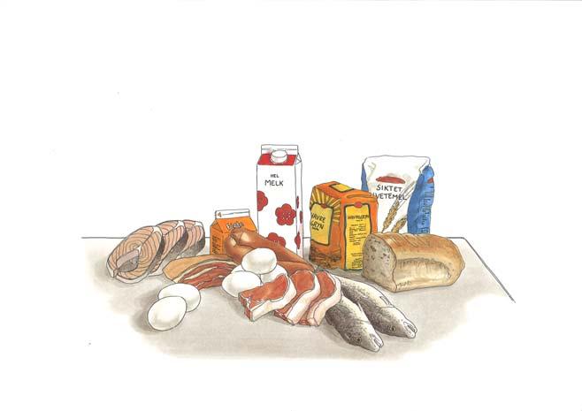 Figur 4.2: Eksempler på proteinrik mat som fisk, kjøtt, egg, melkeprodukter og kornprodukter. 4.2 Karbohydrater Karbohydrater inneholder 4 kcal pr gram.