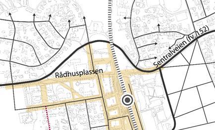 kan erstatte Rådhusplassen som atkomst til sentrum for biltrafikk, som vist på figur 2. Figur 2. Fylkesveiens trasé gjennom sentrum, med foreslått nytt kryss til Raveien.
