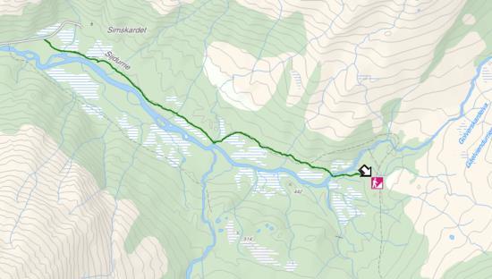 Post nr. 6: Simskardet 500 moh. Kartblad 1925 IV Svenningdal Enkel Kjør veien til Fiplingdalen. Ta til venstre når du kommer til butikken.