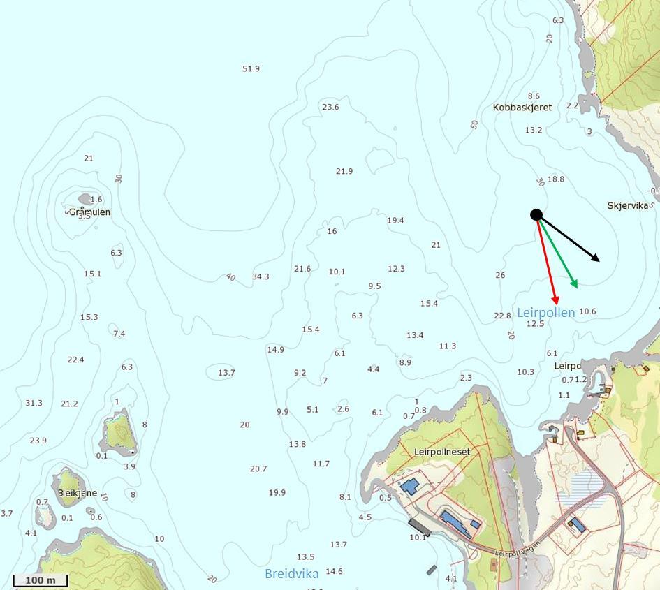 Ut frå Leirpollneset går det ein undervassrygg mot nordnordvest (figur 3). Mot sør kjem ein på aust- og vestsida av denne ryggen inn i høvesvis Leirpollen og Breidvika.