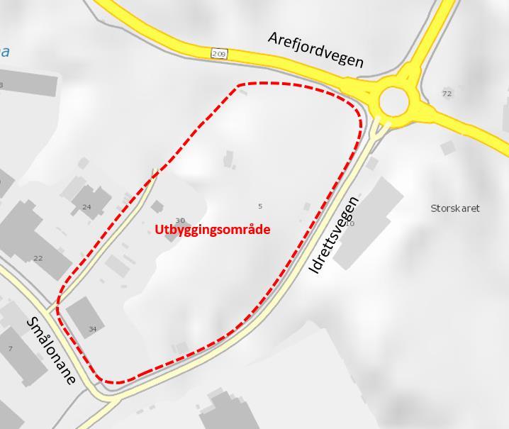 2 Dagens situasjon Utbyggingsområdet har adkomst fra veien Smålonane og grenser ellers til