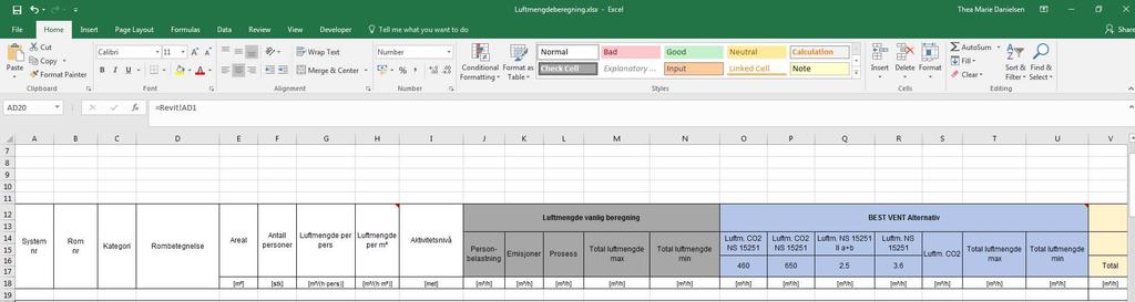 arket/fanen ved navn «Revit», IKKE «Regneark».