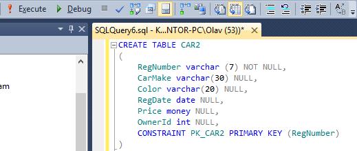 Figur 4-3: SQL for å opprette tabellen CAR2. Trykk "Execute" for å kjøre spørringen.
