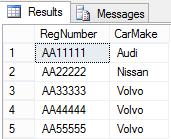 Figur 6-11: Projisering på to kolonner og seleksjon av alle biler med bilnummer som starter med «AA». Resultatet etter kjøring av spørringen er vist i Figur 6-12.