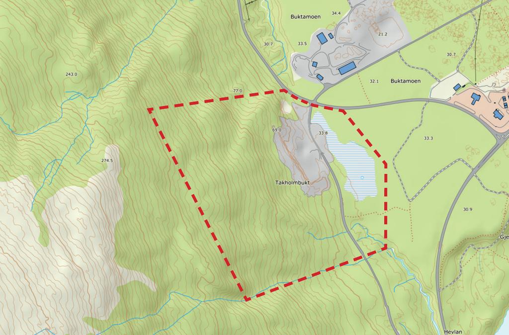 Figur 1-1 Oversikt over planområdet. 1.5 Beskrivelse av planområdet Planområdet ligger øst av E6 og Målselva, sør for Fv 855, ca. 500 meter fra krysset E6/Fv.855. Planområdet er ca. 200 daa stort.