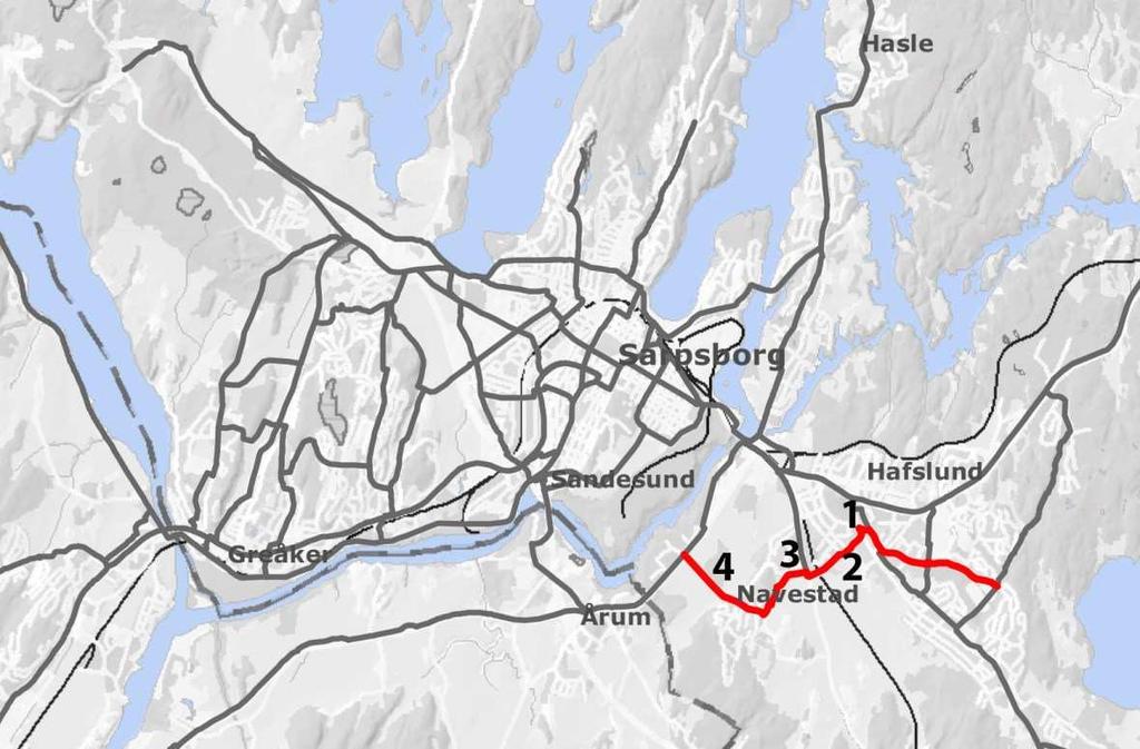 Rute 17 Borgenhaugen - Smelteverket 1 Skjebergveien mellom Snoktinveien og Edonbakken. Strekningen legger til grunn gangog sykkelvei.