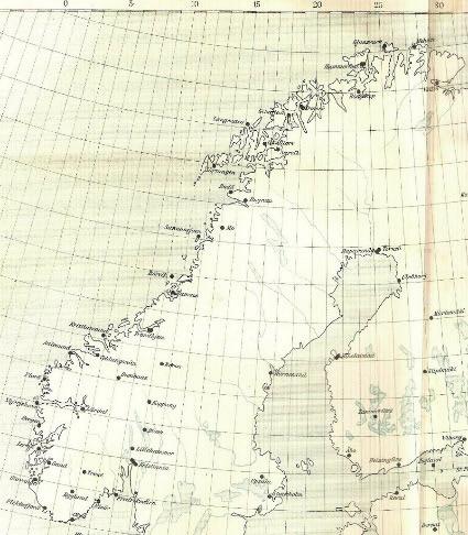Figur 4. Kart som angir målestedene for pendelobservasjoner i Norge og i Polhavet 189 1903. Resultater Observasjonene til Schiøtz utgjør det første tyngdenettet for Norge.