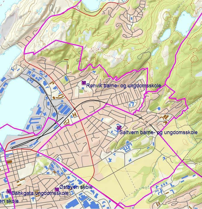 8.2 Rønvik/Saltvern Kartet viser skolene og inntaksområdene i kretsen. Kapasitet Tabellen viser skolenes kapasitet. Skole Klasser pr. trinn Klasse rom Elever pr.