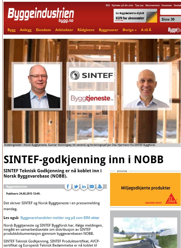 SINTEF-dokumentasjon i NOBB SINTEF-dokumentasjon er nå tilgjengelig i