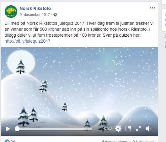 Bildet viser at premiene blir overført til spillkonto Norsk Rikstoto arrangerte Julequiz på Facebook i 2017.