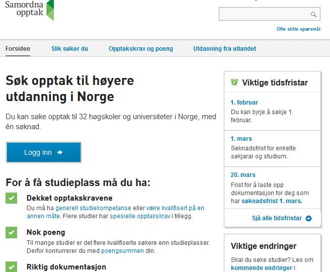 Studier i Norge: www.samordnaopptak.