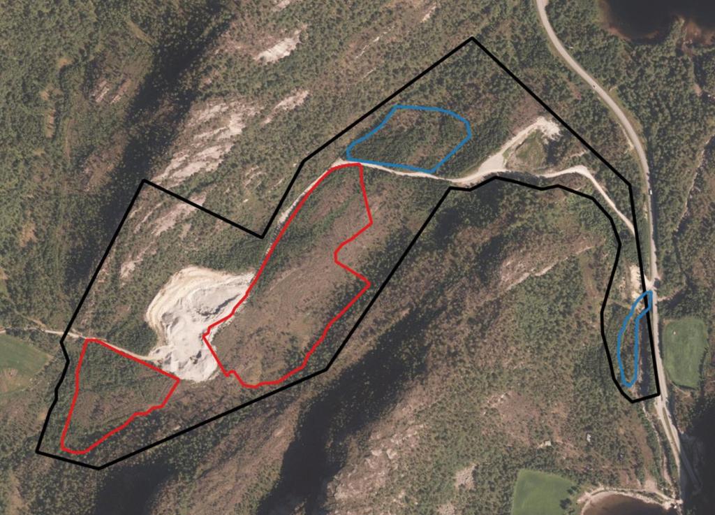 Figur 6.3. Flybilde over planområdet. Rød linje markerer planlagte deponiområder, blå linje viser riggområder. 6.3 Rødlistede arter Ingen rødlistede arter er registrert innenfor planområdet.