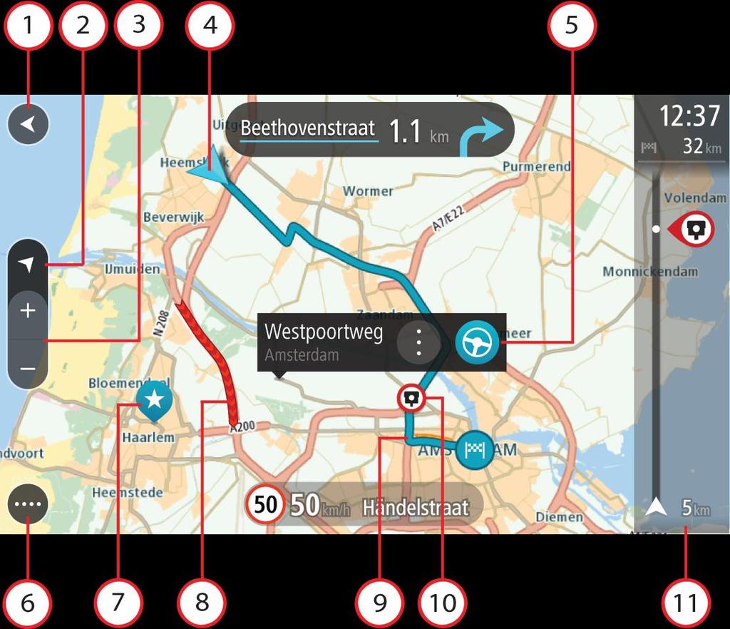 Hva vises på skjermen Kartvisningen Kartvisningen vises når du ikke har planlagt en rute. Din faktiske posisjon vises så snart enheten din har funnet GPS-posisjonen din.