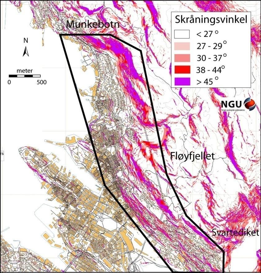 Eksempel - Fjellsiden Tett bebygd, i skråninger og rett under skråninger >45º Grønnskifer i sør, gneis i nord (sprekker