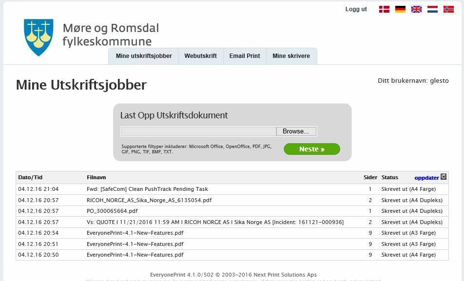 Kort innledning Dette er en enkel brukerveiledning til utskriftsportalen for kontor og web utskrift hos Møre og Romsdal fylkeskommune.