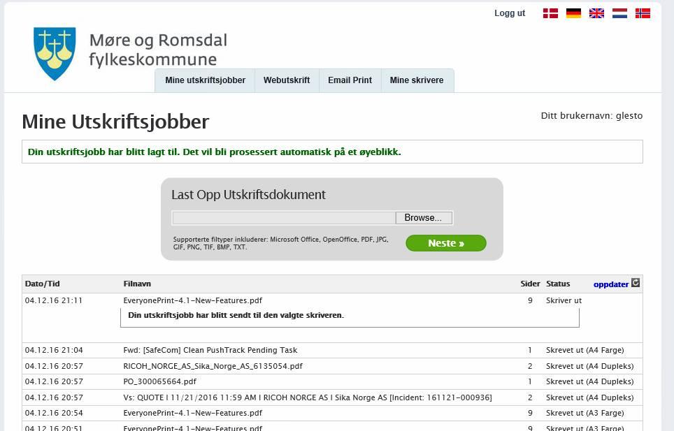 Legg også merke til at du ser en oversikt over hvilke dokumenter du selv har sendt til utskrift via portalen i nedre del