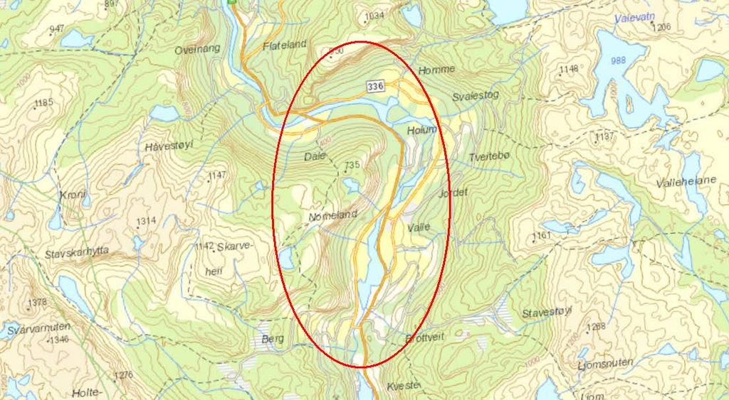 3 OMRÅDEBESKRIVELSE Området ligger i Valle kommune i Setesdalen I Aust-Agder. Området er vist i kartskissen nedenfor.