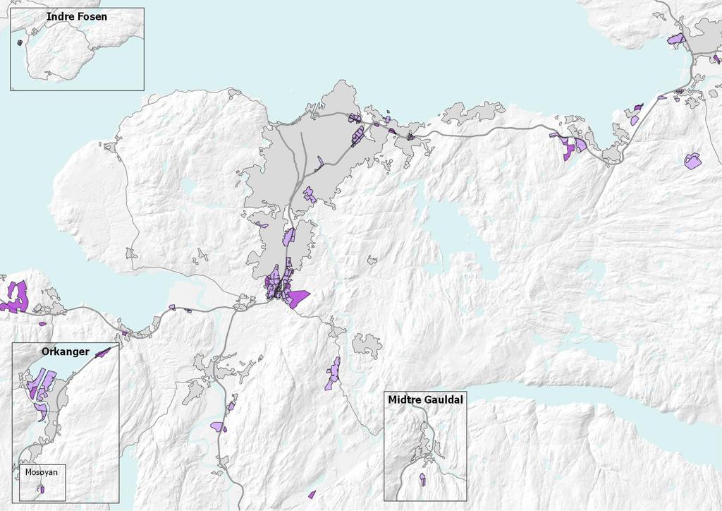 Næringsareal avsatt i kommuneplaner, dekar ikke bygd ut E6 øst 100 daa Malvik/Stjørdal 350 daa Svebergområdet 660 daa Stormyra 200 daa Heggstad 115 daa Torgård 855 daa Total 2.