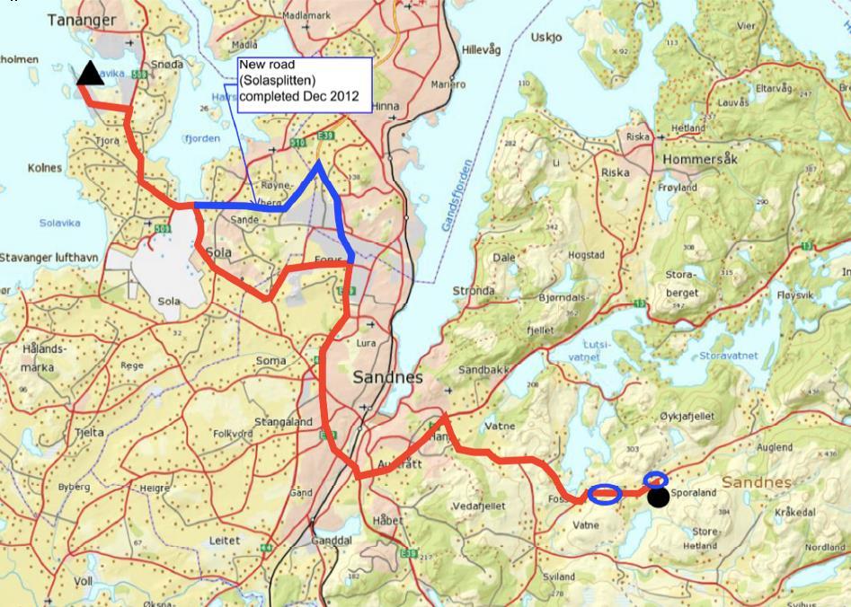 ved Levang i Noredalen vil det også være behov for å etablere en permanent ny avkjørsel fra Fv316. Se markering (blå sirkel) under. Figur 18: Planlagt transportrute.
