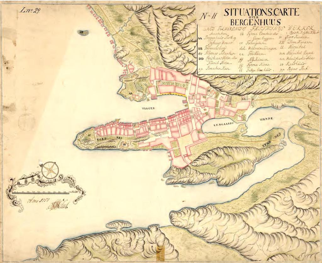 5 Amtskartsamling, Scheel s Situasjonscarte over Bergenhuus fra 1757 Kilde: Kartverket 1.